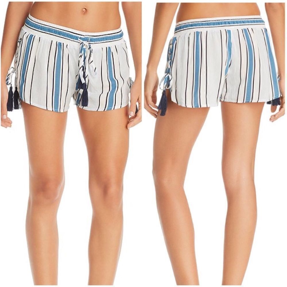 NWT Surf Gypsy Printed Side Lace Up Swim Cover Up Shorts Stripe Beach Blue Sz L